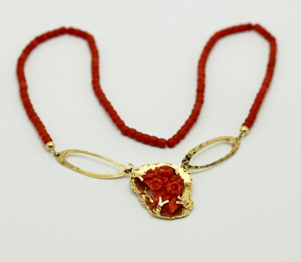 Coral and gold rose-engraved necklace - 750‰ gold - Image 6