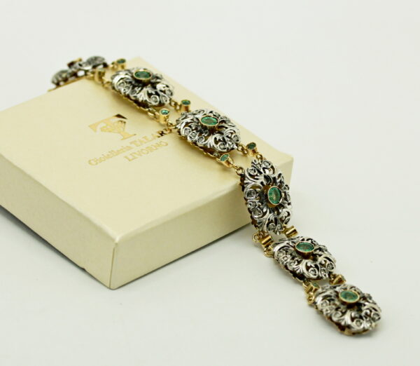 Vintage diamond roses and emeralds bracelet - K.18 gold/silver