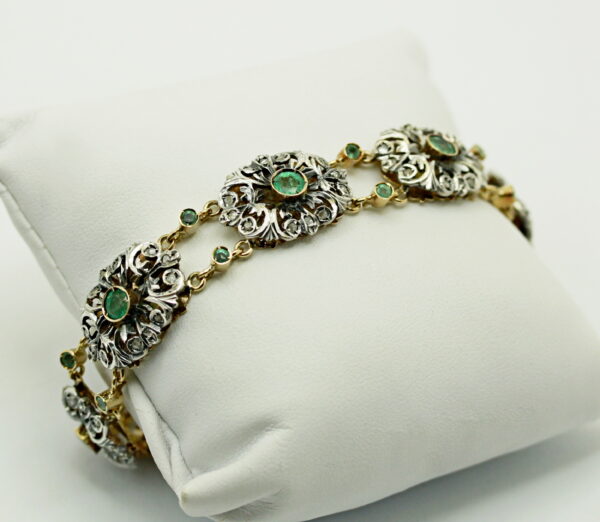 Vintage diamond roses and emeralds bracelet - K.18 gold/silver - Image 2