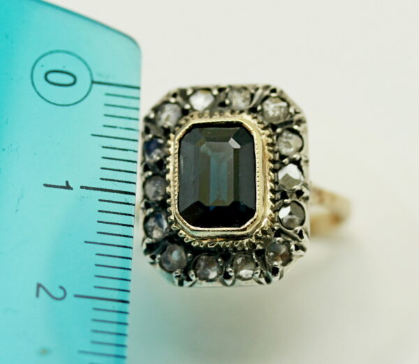 Anello vintage zaffiro e rose diamante - Oro K.18/Argento - immagine 3